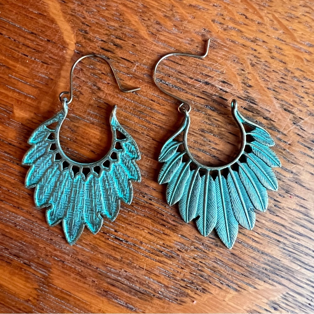 Gorgeous Brass Turquoise Patina Feather Design Drop Earrings